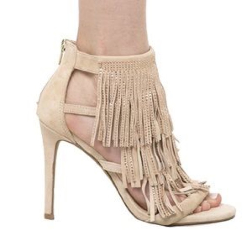 Steve Madden Fringe Bedazzled Nude Suede Square Toe Heels